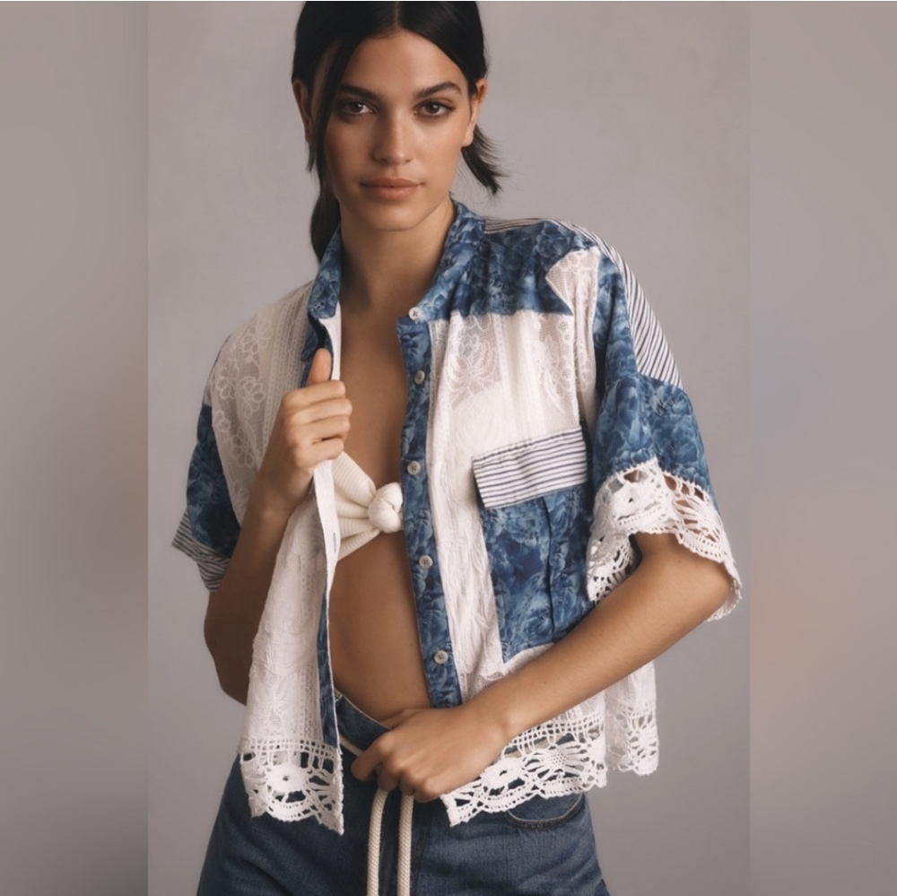 Anthropologie Blue and Cream Lace Button Down Shirt